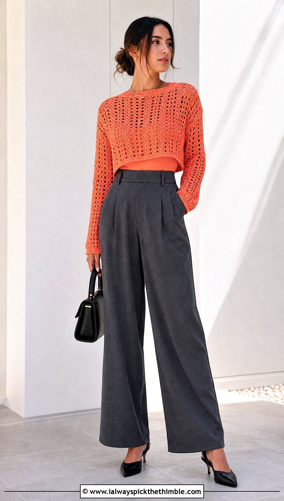 Cropped Crochet Sweater With Wide Leg Trousers - 20 spring crochet sweater outfit ideas