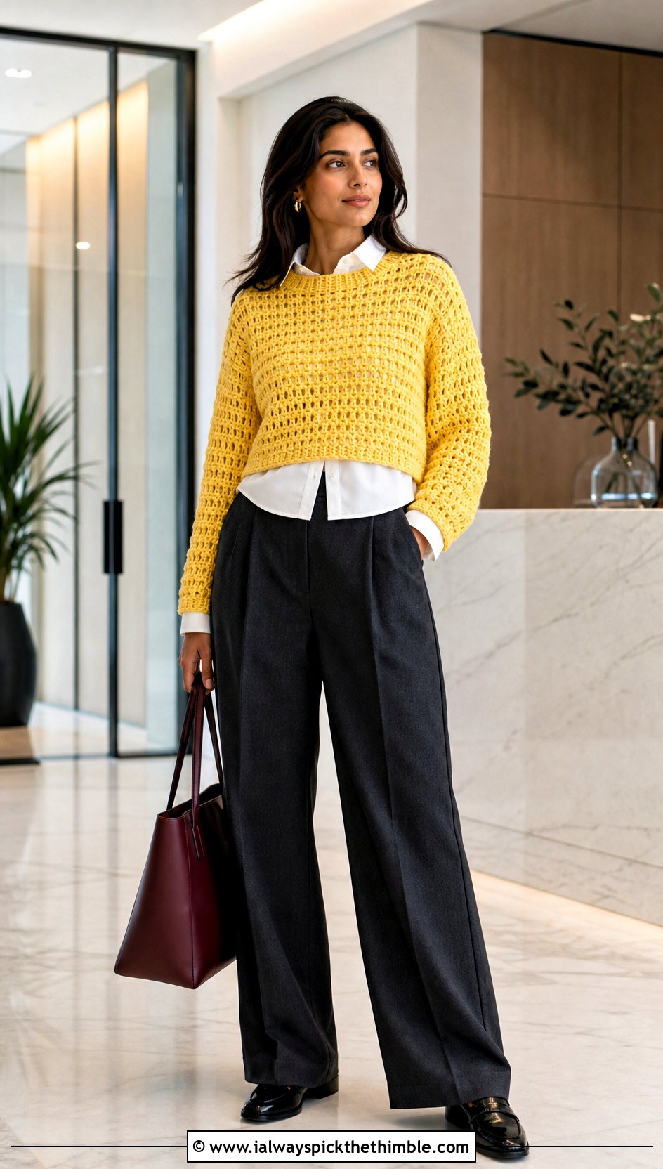 Cropped Crochet Sweater With Wide Leg Trousers - 20 Woman Crochet Sweater outfit ideas