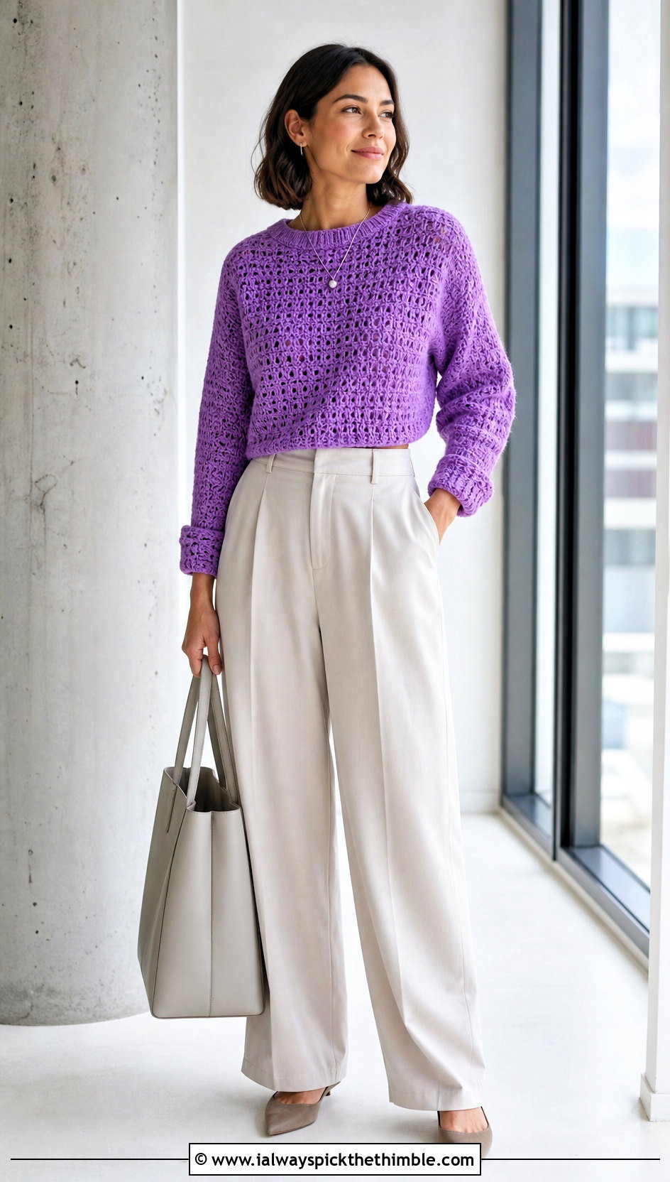 Cropped Crochet Sweater With Wide Leg Trousers - 25 crochet sweater for women outfit ideas