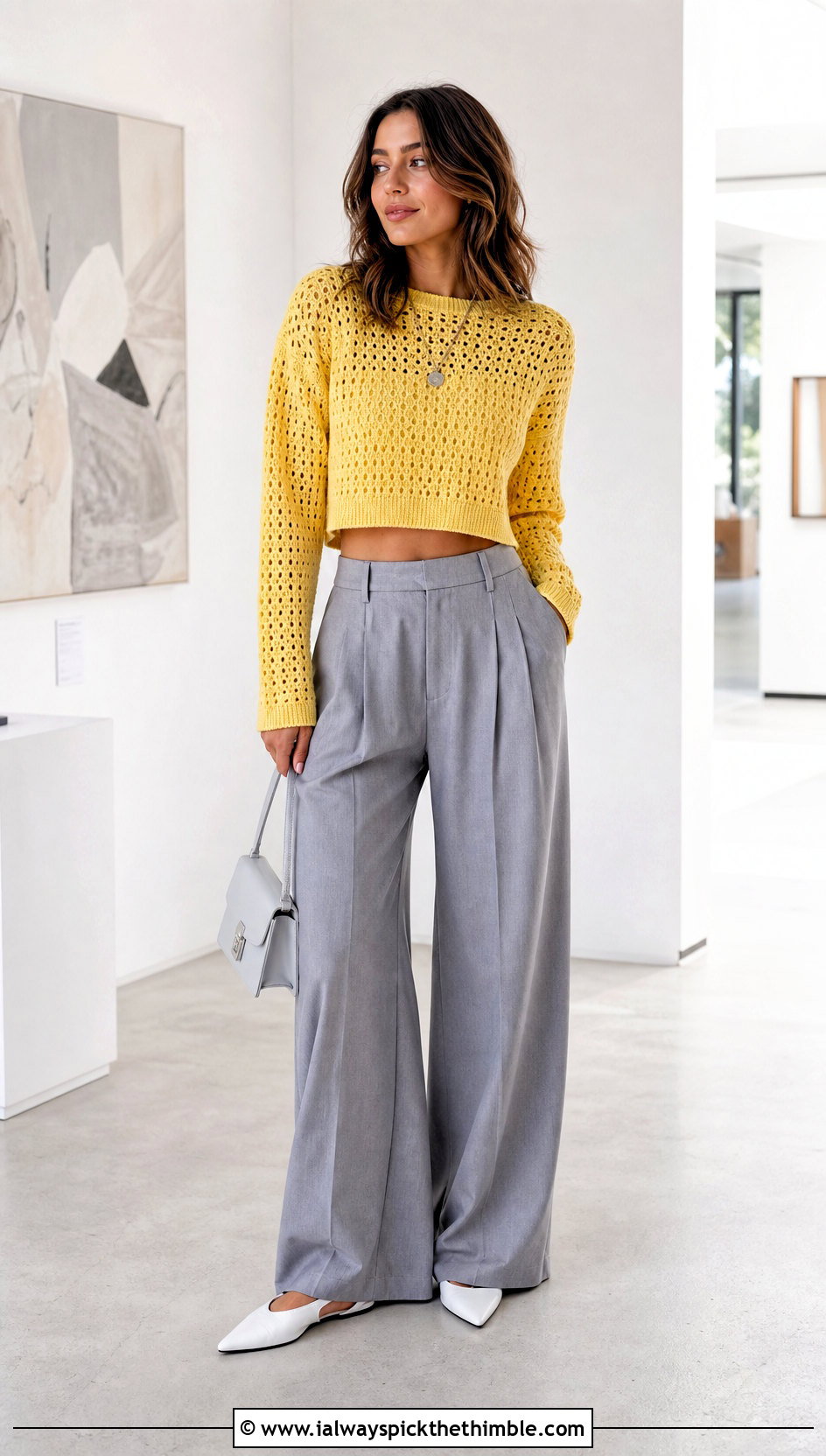 Cropped Crochet Sweater With Wide Leg Trousers - 25 crochet sweaters outfit ideas