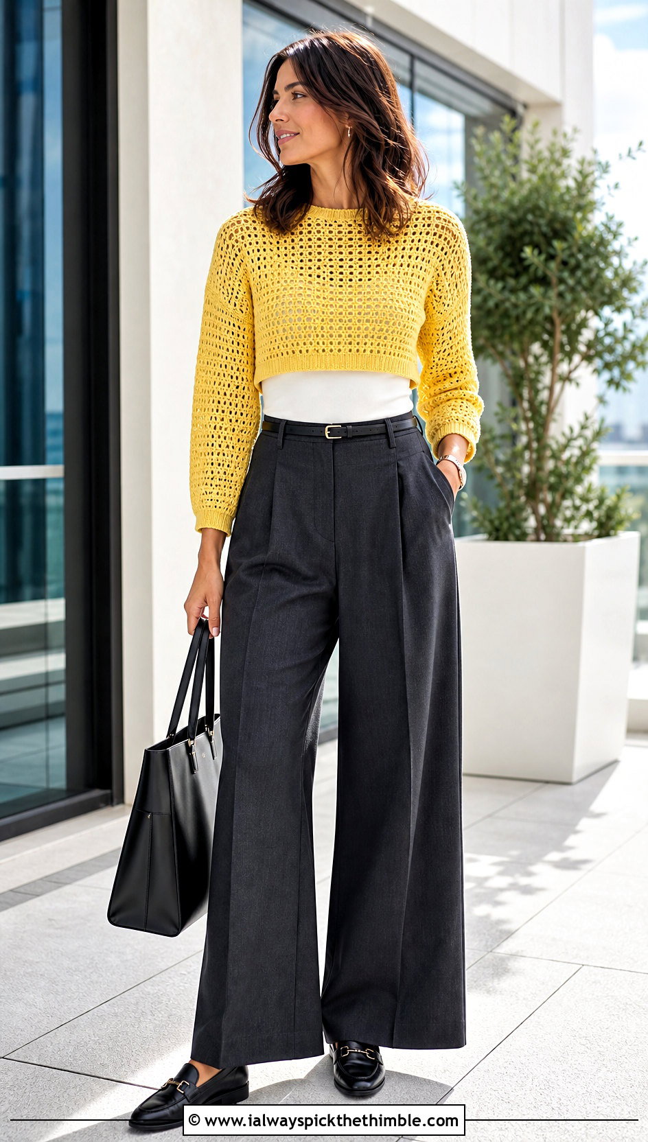 Cropped Crochet Sweater With Wide Leg Trousers - 20 cool crochet sweater outfit ideas
