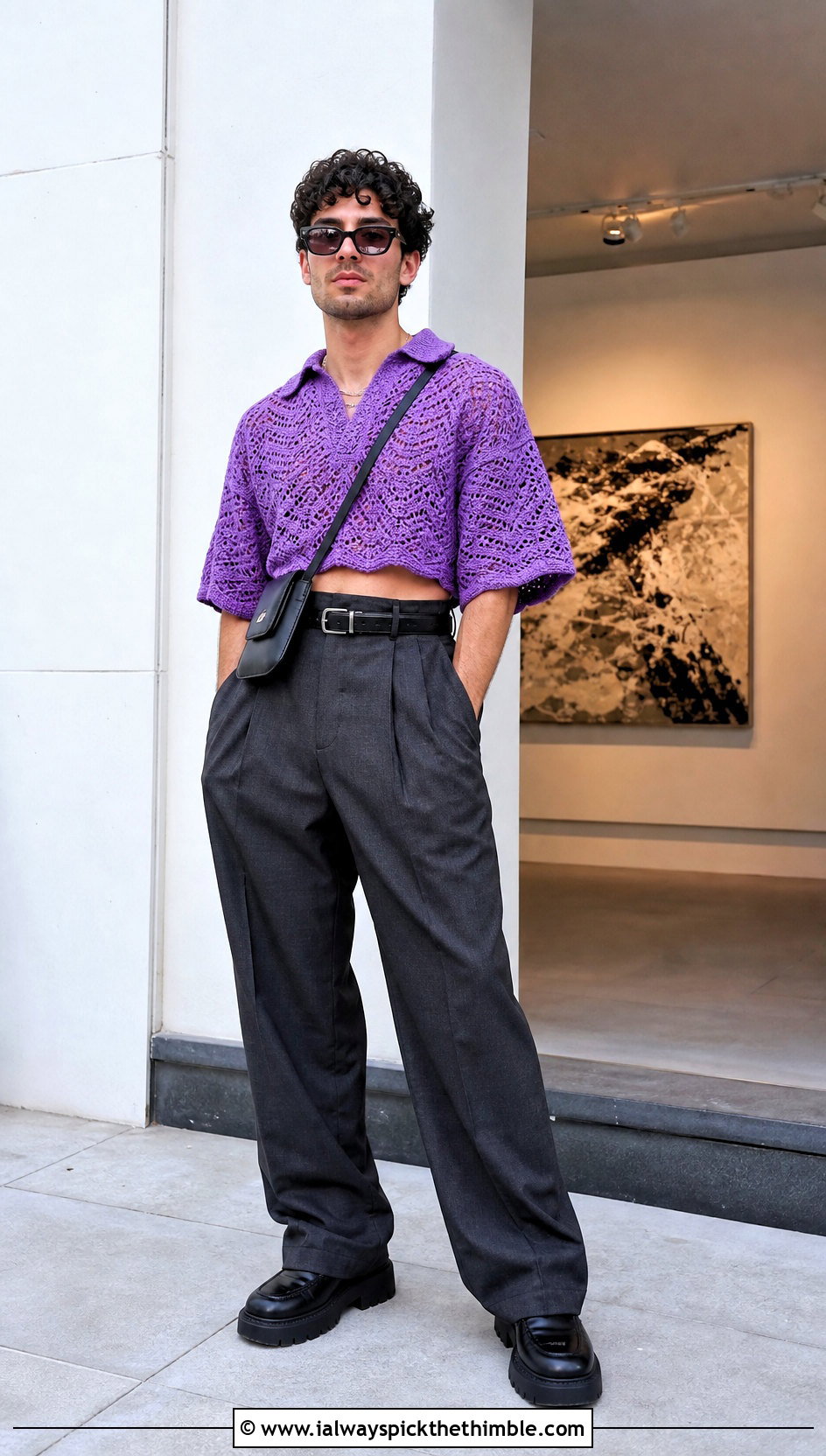 Cropped Crochet T Shirt With High Waisted Trousers - 25 crochet top for men outfit ideas