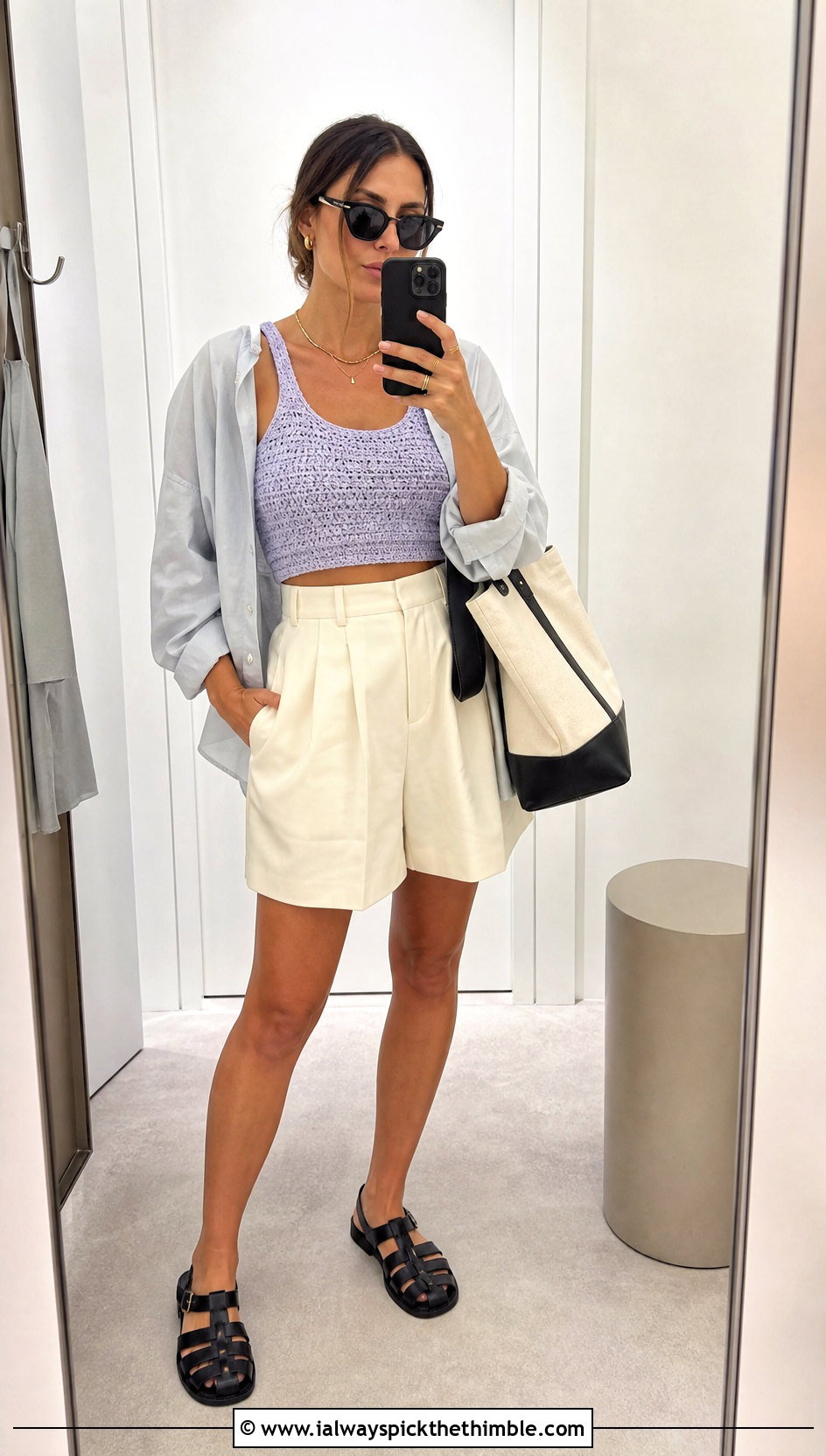 Cropped Crochet Tank Top With Tailored Shorts - 20 Simple Crochet Tank Top outfit ideas