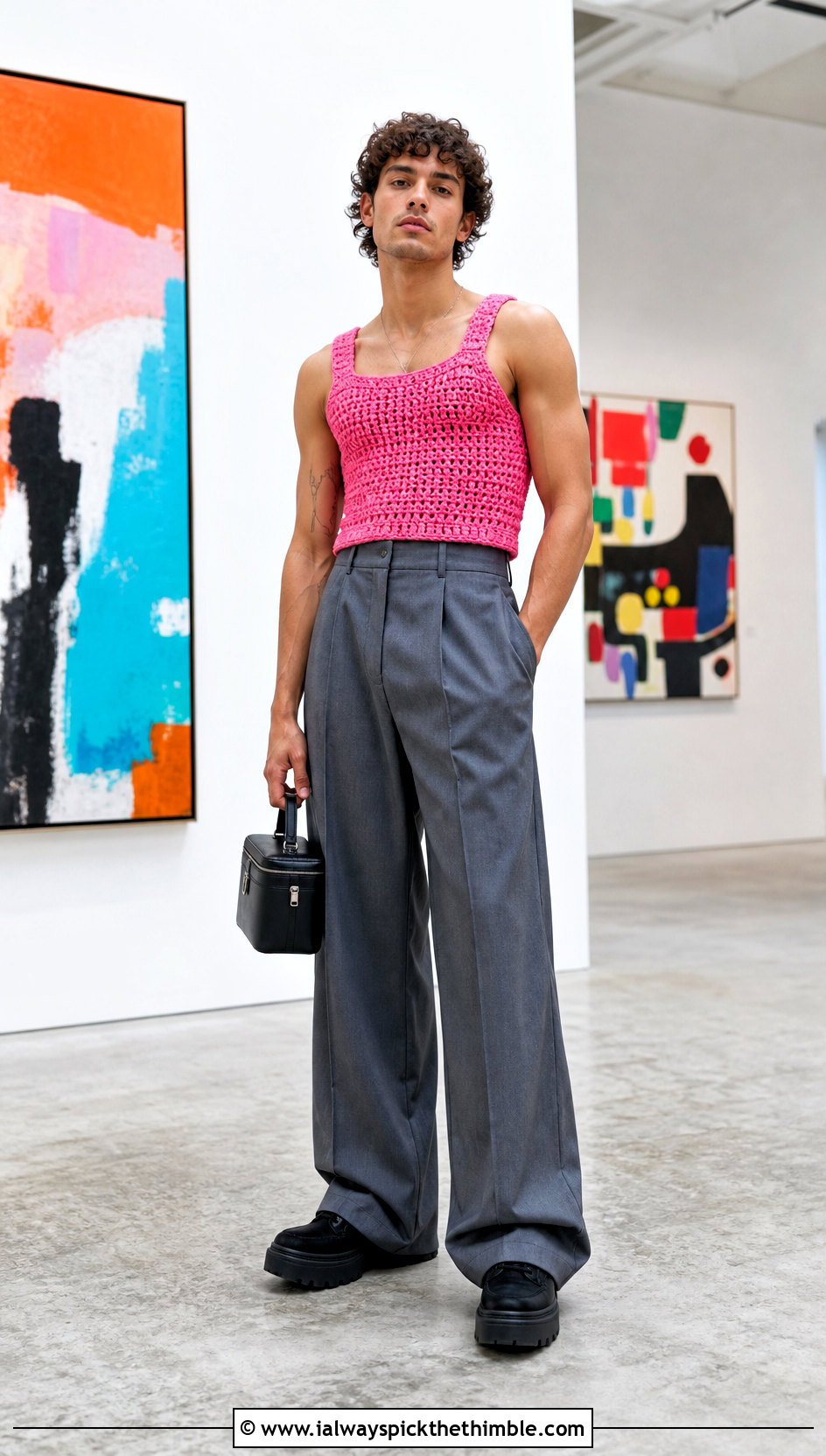 Cropped Crochet Tank Top With Wide Leg Trousers - 20 crochet mens tank top outfit ideas
