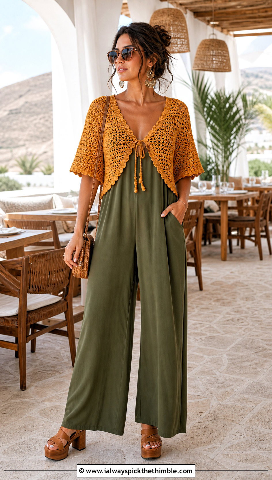 Cropped Crochet Tie Shrug Top With Slip Jumpsuit - 25 crochet tie top outfit ideas