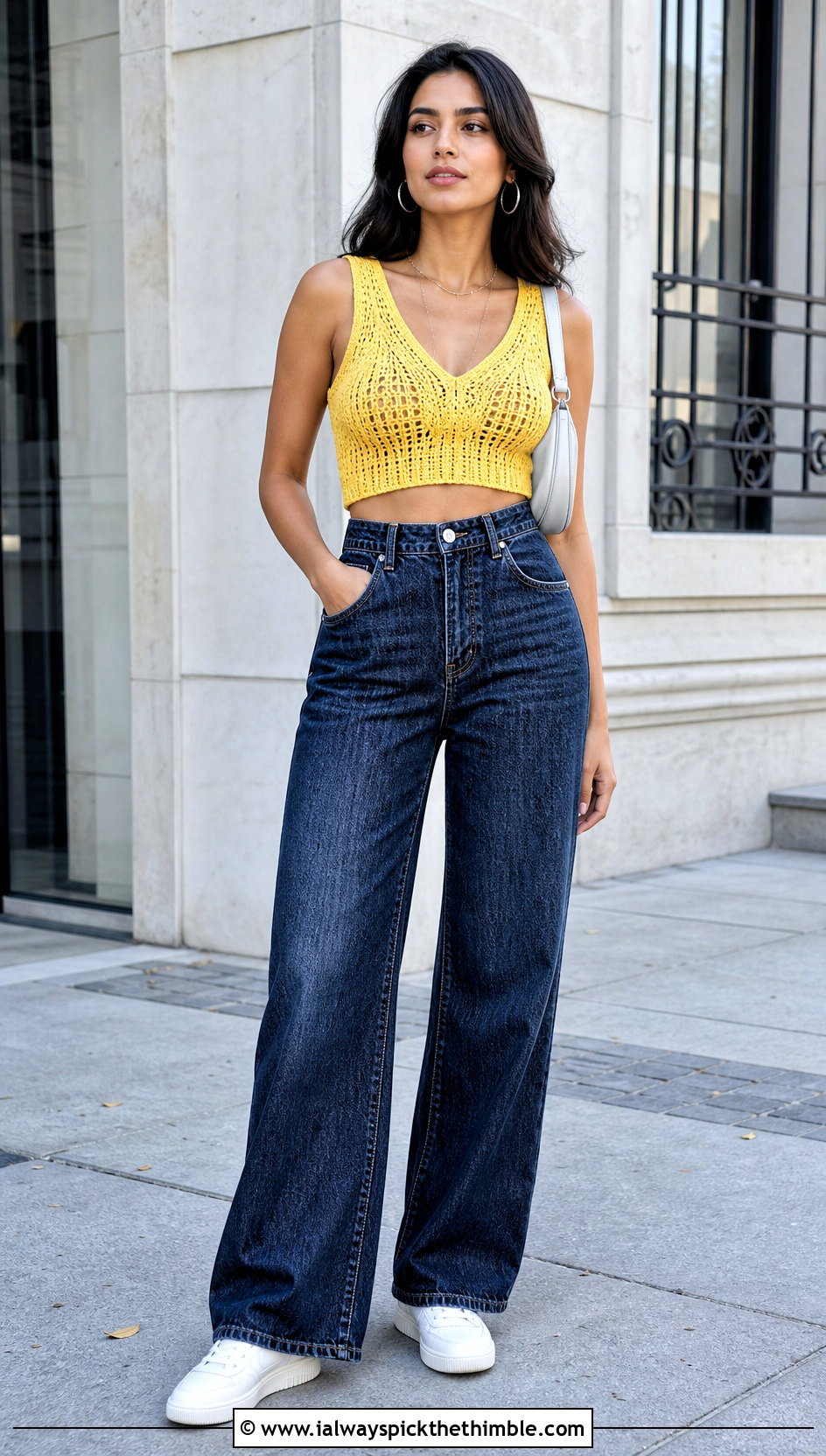 Cropped Crochet V Neck Vest With Wide Leg Jeans - 20 crochet v neck vest outfit ideas