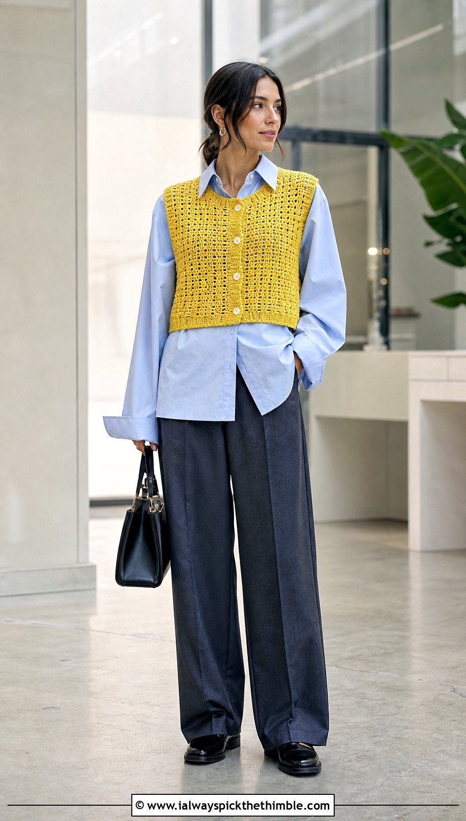 Cropped Crochet Vest With Button Down Shirt - 20 beginner crochet vest outfit ideas