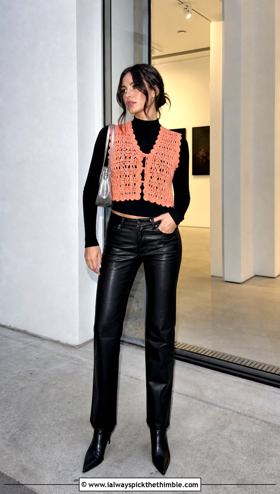 Cropped Crochet Vest With Leather Pants - 15 Crochet Fall Vest outfit ideas
