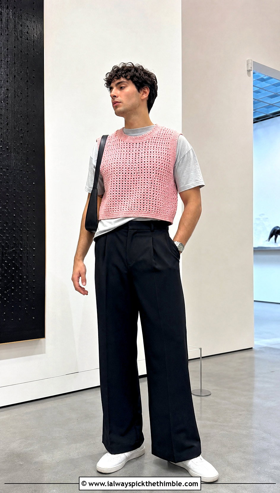 Cropped Crochet Vest With Wide Leg Trousers - 25 crochet vest for men outfit ideas