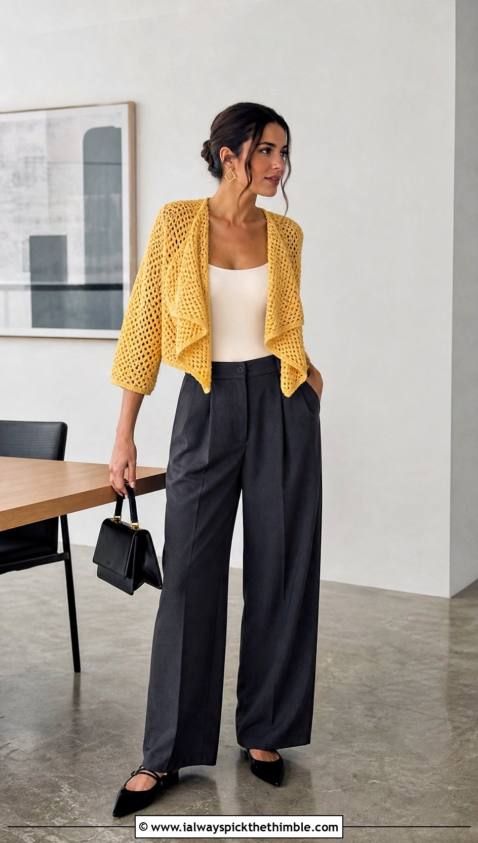 Cropped Crochet Waterfall Cardigan With Wide Leg Trousers - 20 crochet waterfall cardigan outfit ideas