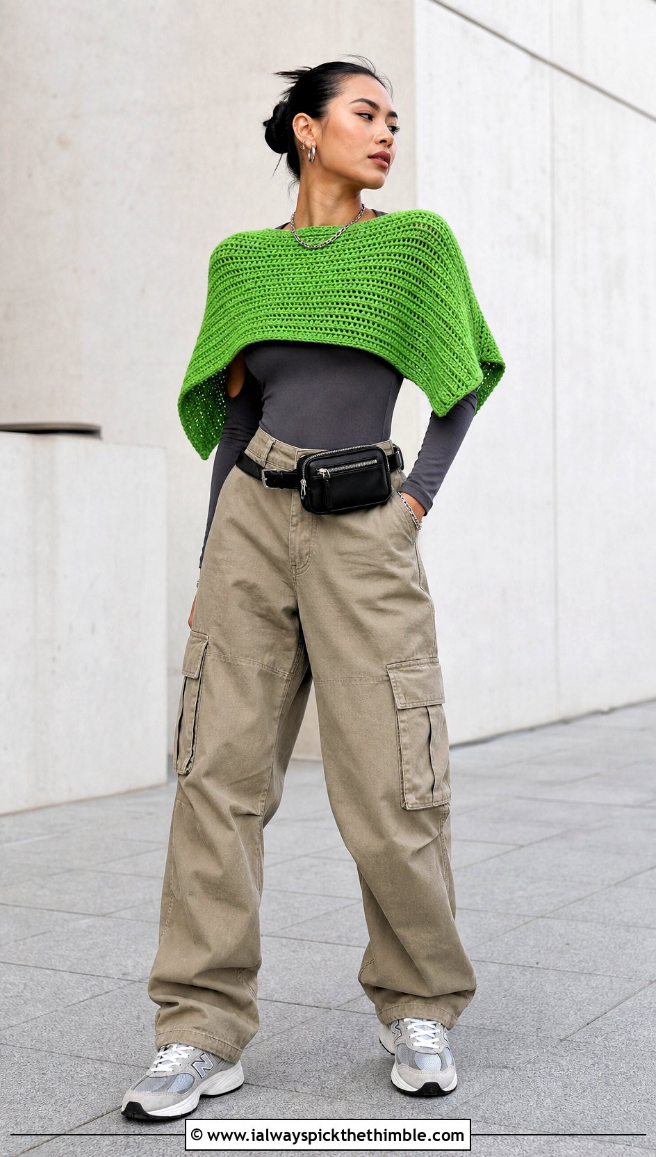 Cropped Crocheted Poncho With Cargo Pants - 15 Crocheted Poncho outfit ideas