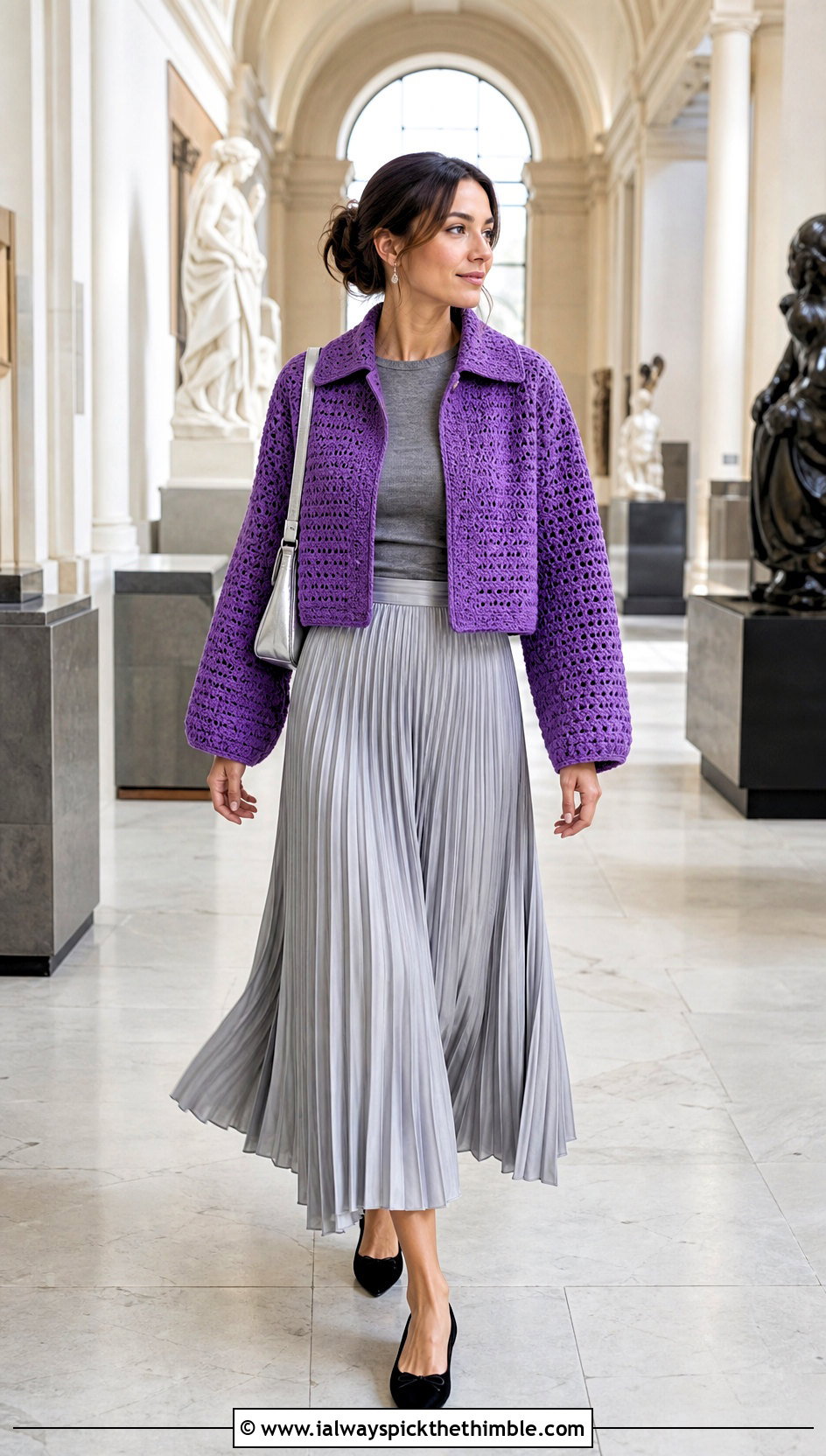 Cropped Crocheted Sweater Coat With Pleated Maxi Skirt - 15 colorful crocheted sweater coat outfit ideas