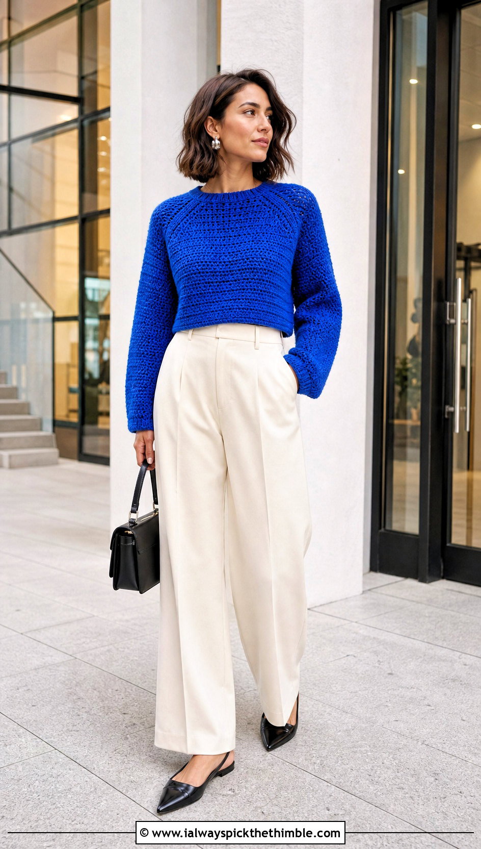 Cropped DK Weight Crochet Raglan Sweater With Wide Leg Trousers - 20 Dk Weight Crochet Sweater outfit ideas