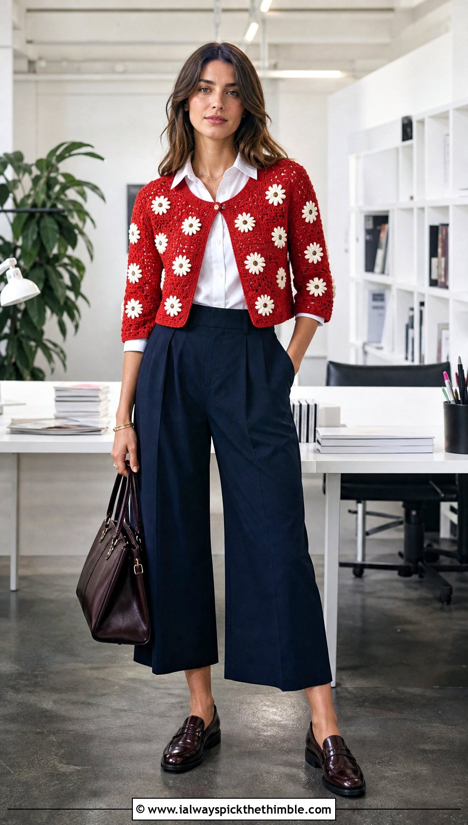 Cropped Daisy Cardigan With Poplin Shirt And Culottes - 20 crochet flowers cardigan outfit ideas