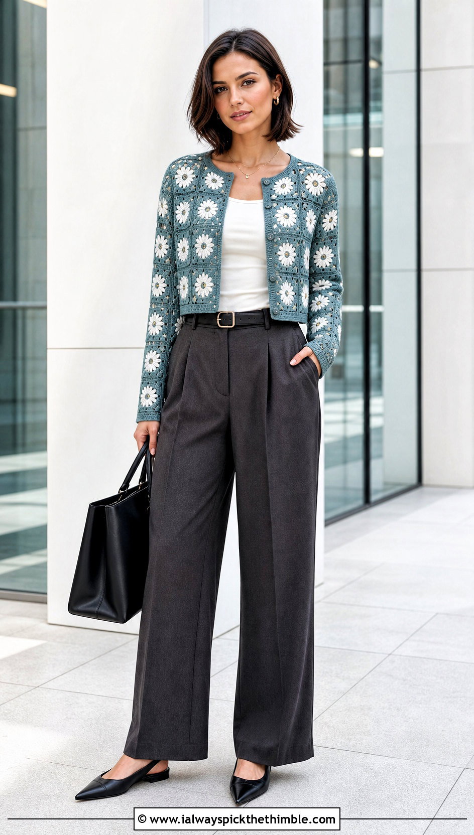 Cropped Daisy Granny Square Cardigan With Wide Leg Trousers - 15 Everyday Granny Square Cardigan outfit ideas