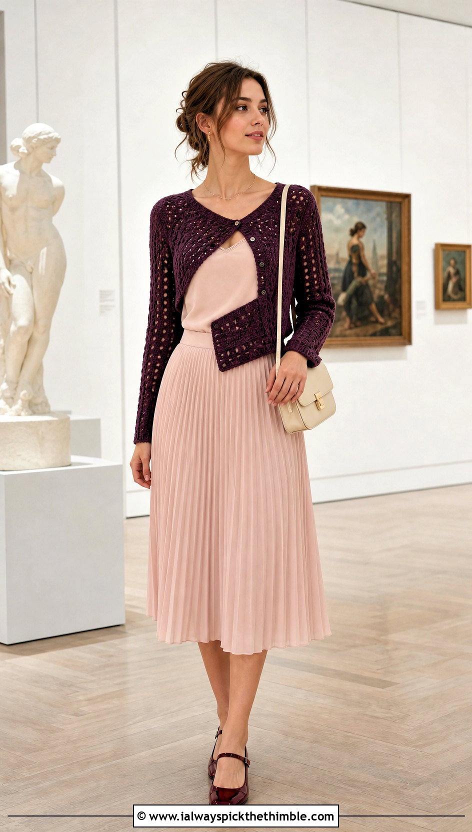 Cropped Diagonal Crochet Asymmetrical Cardigan With Pleated Skirt - 20 crochet asymmetrical cardigan outfit ideas