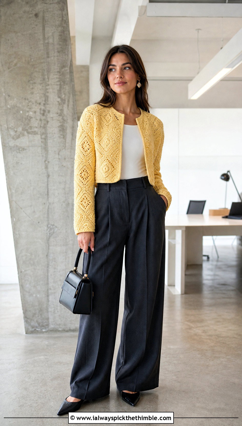 Cropped Diamond Howls Crochet Jacket With Wide Leg Trousers - 20 Howls Crochet Jacket outfit ideas