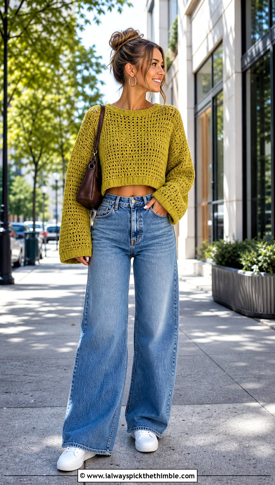 Cropped Drop Shoulder Crochet Sweater With Wide Leg Jeans - 20 Crochet Quick Sweater outfit ideas