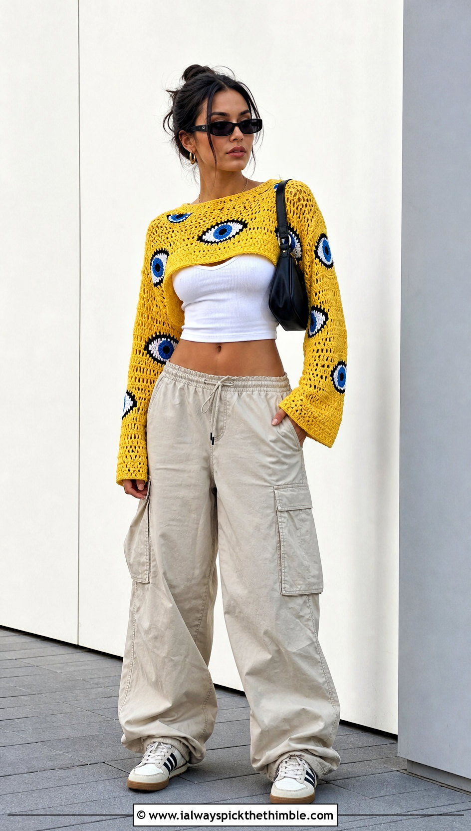 Cropped Evil Eye Crewneck Sweater With Parachute Cargo Pants - 20 Evil Eye Crochet Sweater outfit ideas