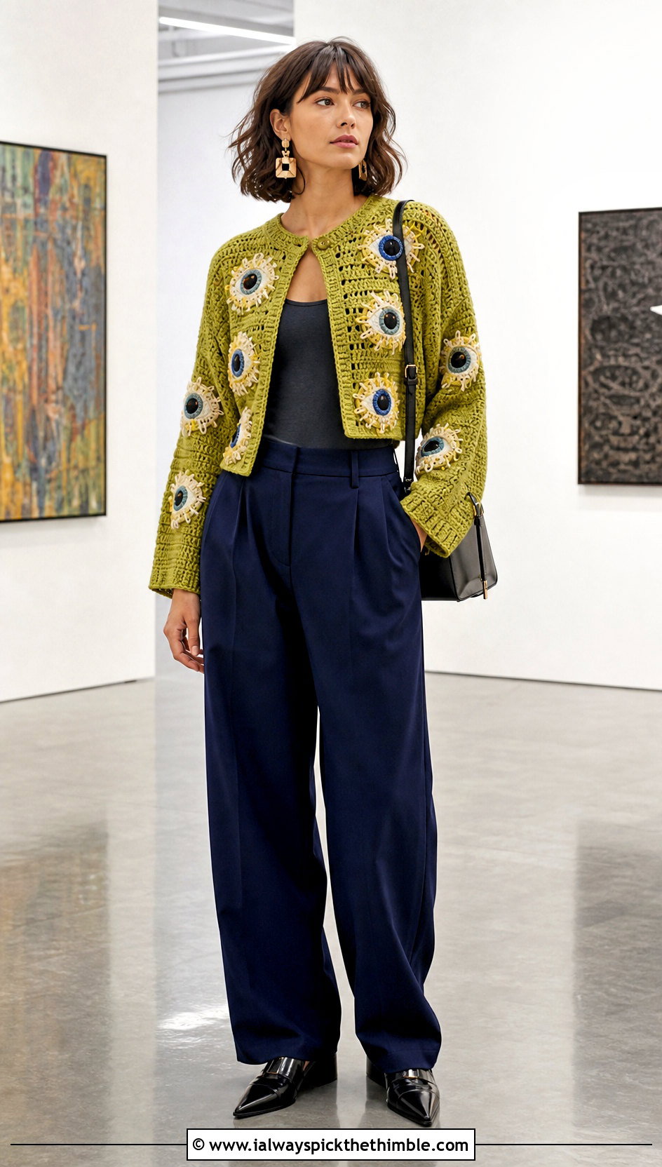 Cropped Eyeball Cardigan With Tailored Wide Leg Pants - 15 Crochet Eyeball Cardigan outfit ideas