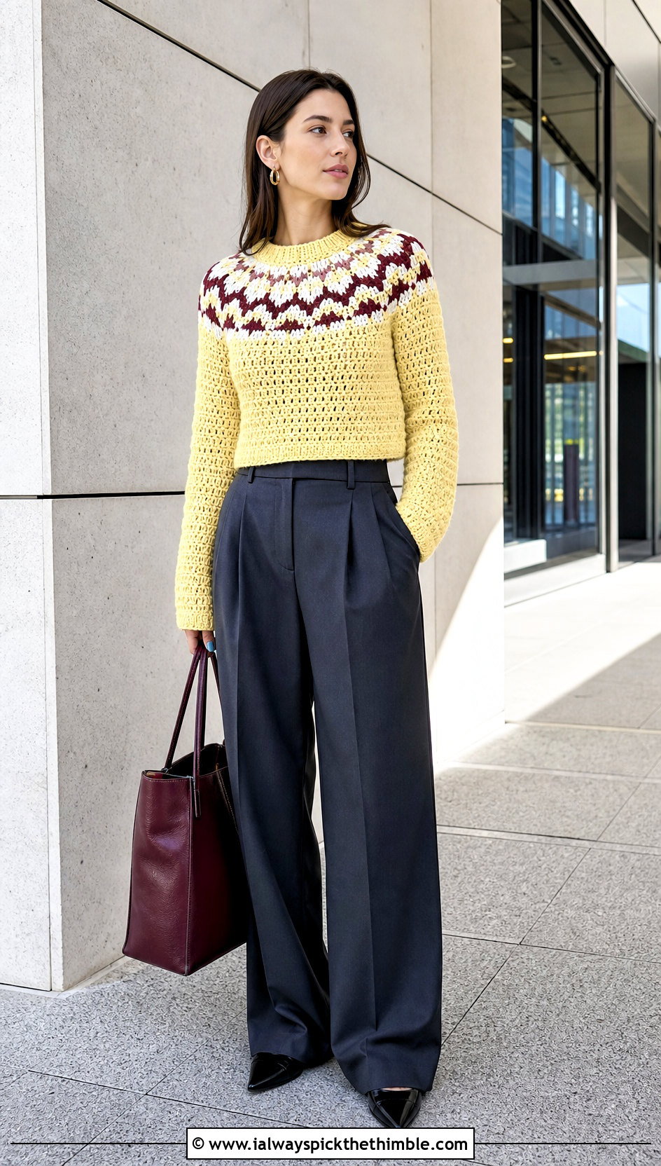 Cropped Fair Isle Crochet Sweater With Wide Leg Trousers - 20 fair isle crochet sweater outfit ideas