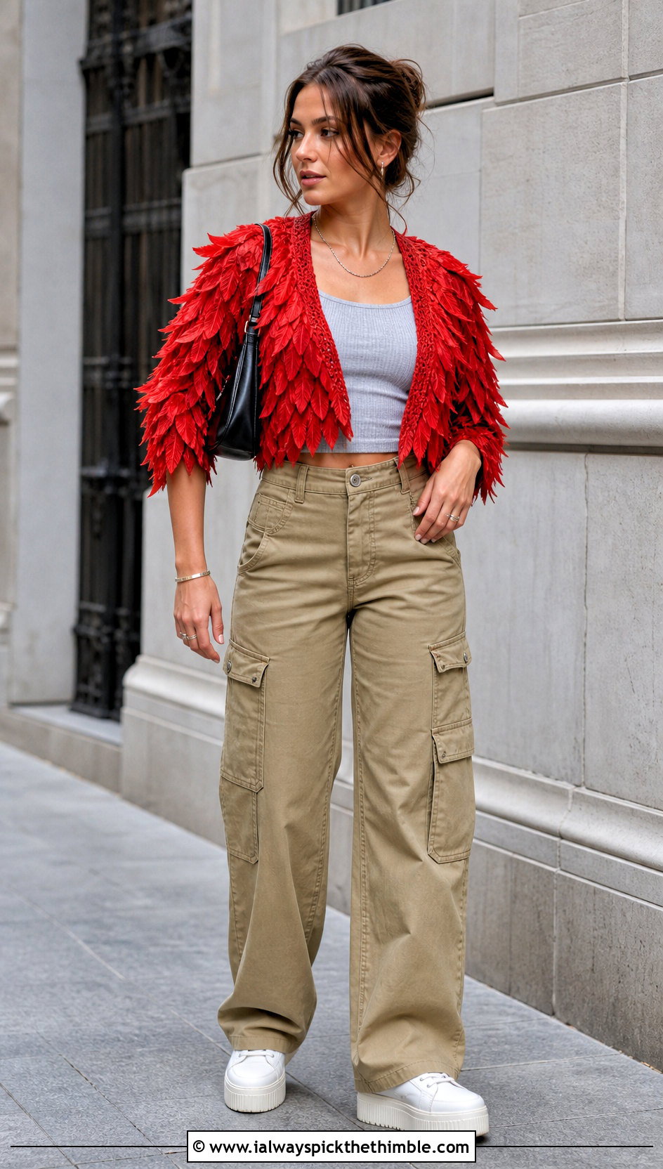 Cropped Feather Crochet Shawl With Cargo Pants - 20 crochet feather shawl outfit ideas