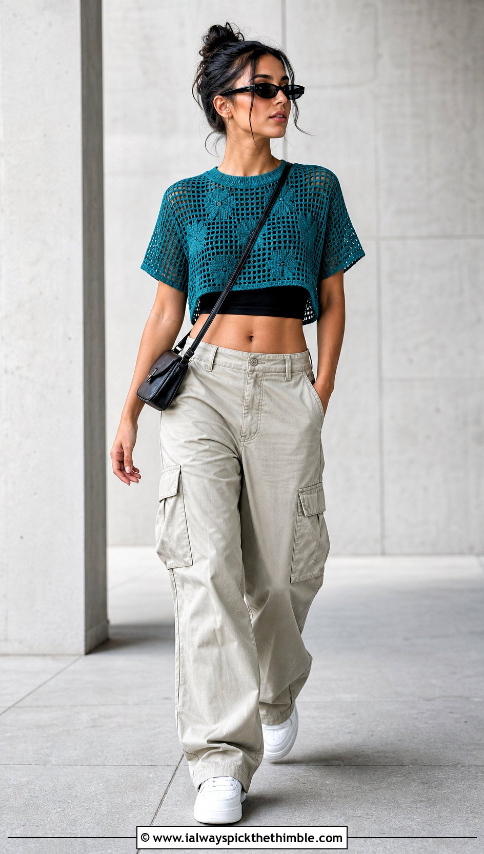 Cropped Filet Crochet Tee With Cargo Pants - 20 filet crochet shirt outfit ideas