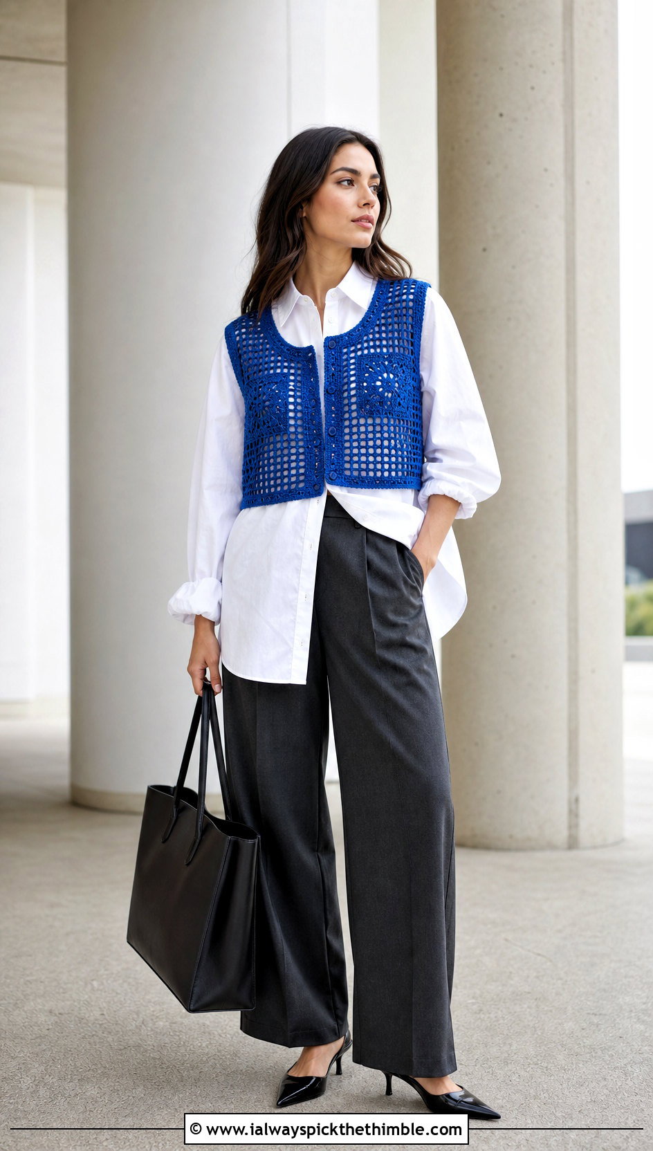 Cropped Filet Crochet Waistcoat With Tailored Trousers - 20 ladies crochet waistcoat outfit ideas