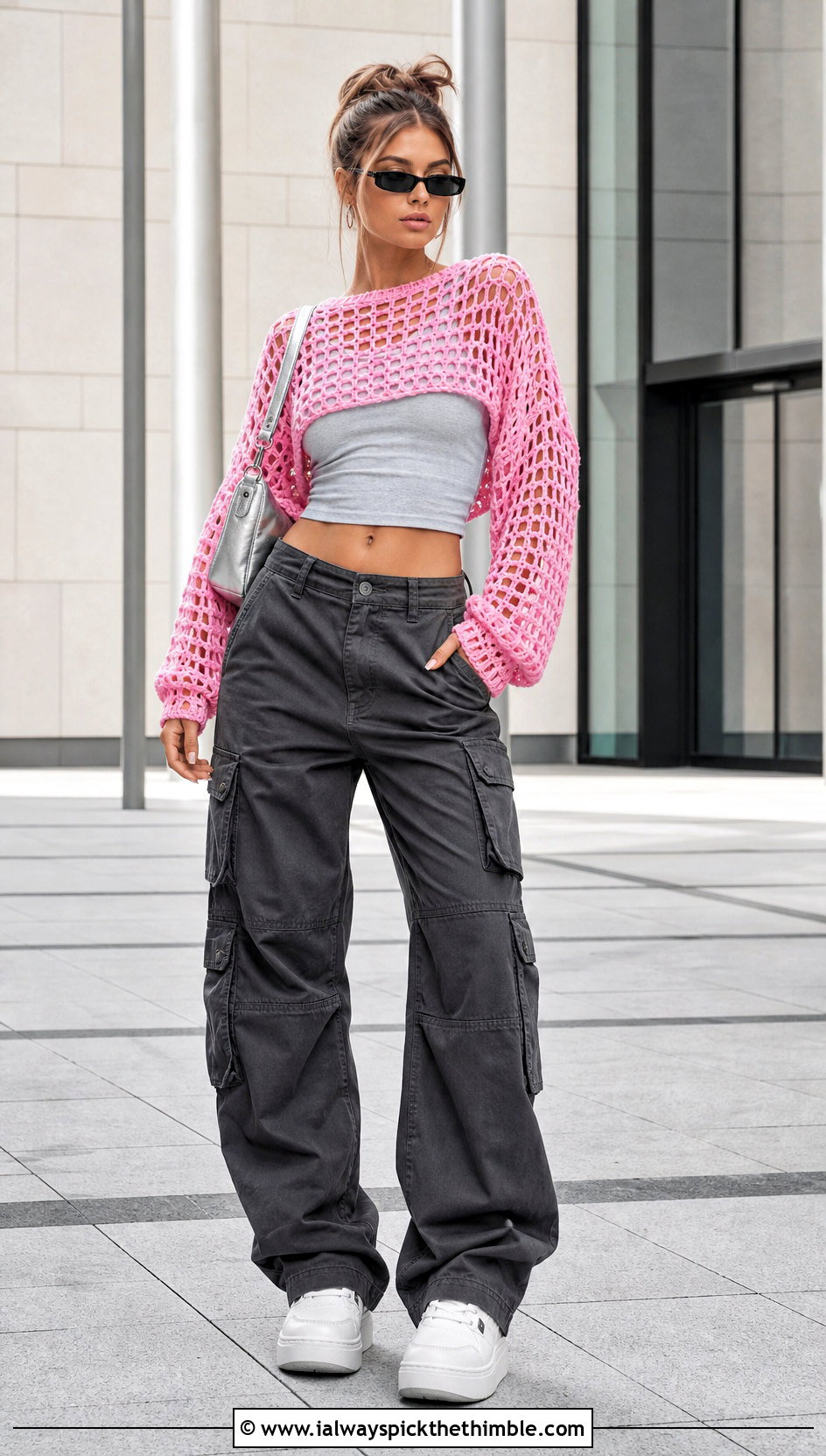 Cropped Fishnet Crochet Mesh Sweater With Cargo Pants - 25 oversized crochet mesh sweater outfit ideas