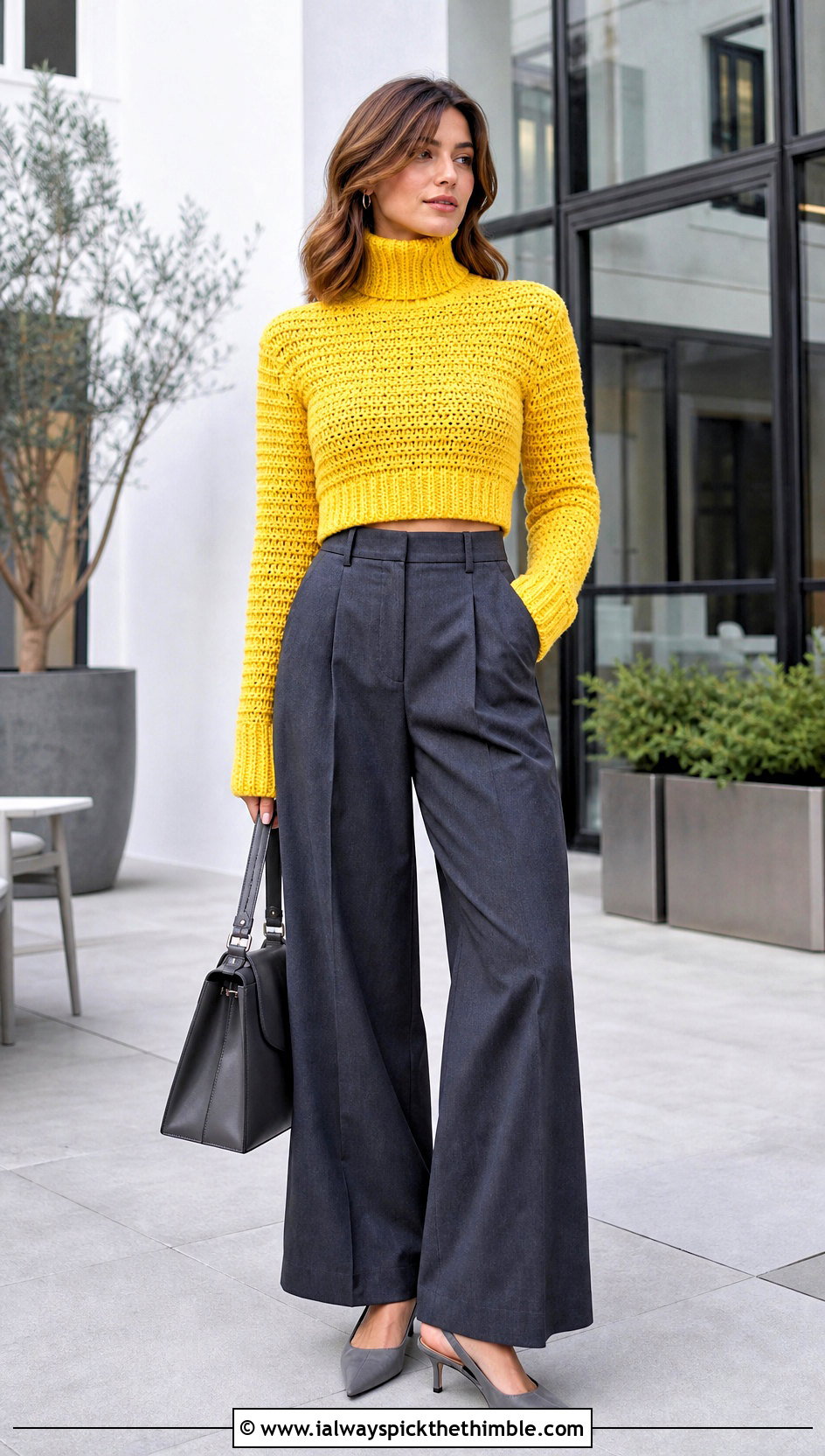 Cropped Fitted Crochet Turtle Neck Sweater With Wide Leg Trousers - 25 crochet turtle neck sweater outfit ideas