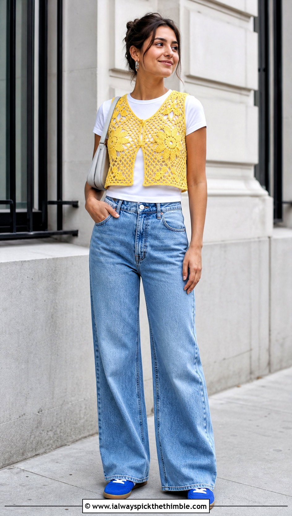Cropped Floral Filet Crochet Vest With Wide Leg Jeans - 25 filet crochet vest outfit ideas