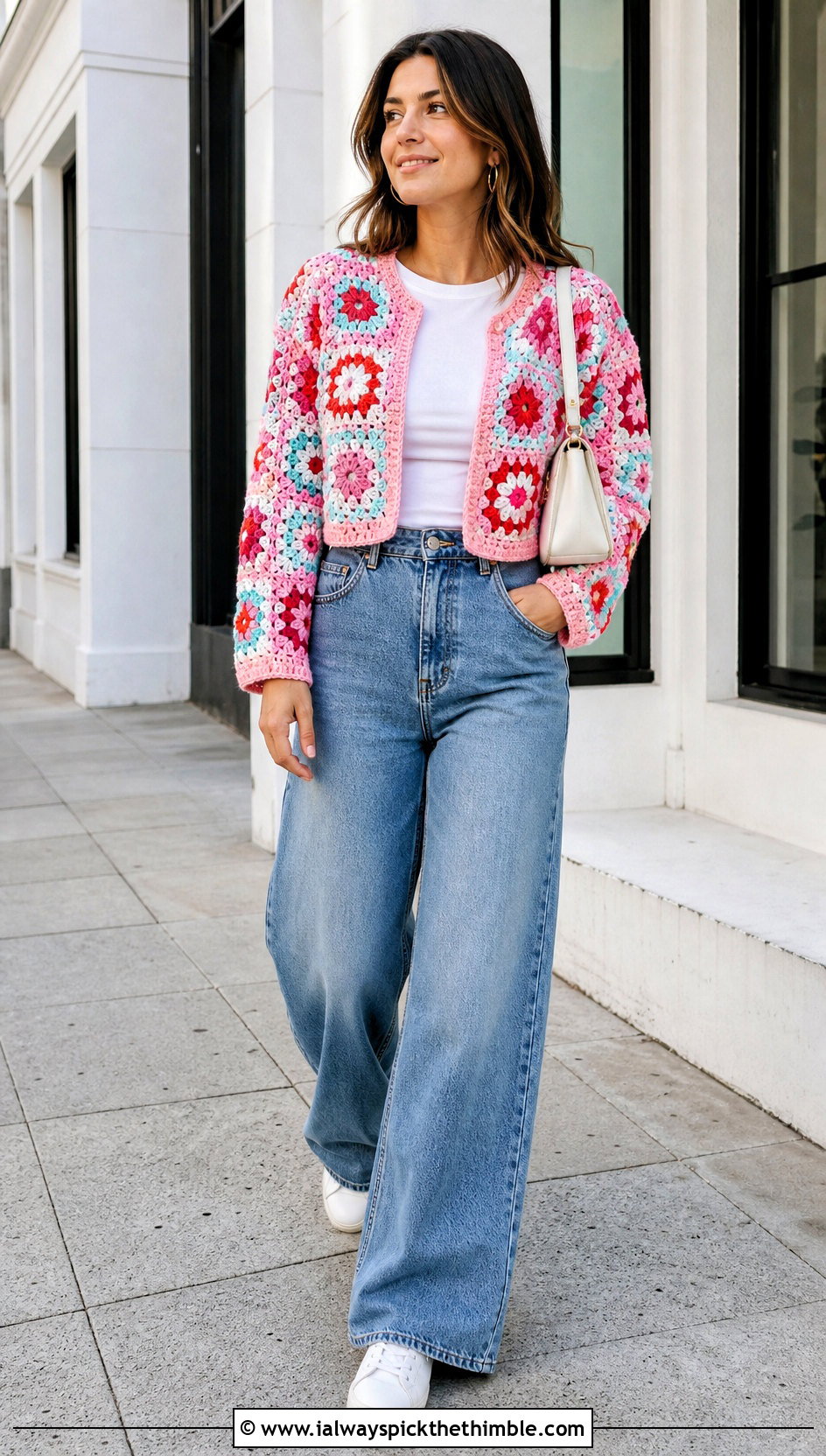 Cropped Floral Granny Square Patchwork Cardigan With Wide Leg Jeans - 20 Granny Square Patchwork Cardigan outfit ideas