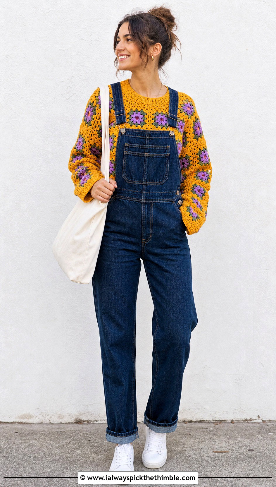 Cropped Floral Granny Square Sweater With Overalls - 25 granny square sweater outfit ideas