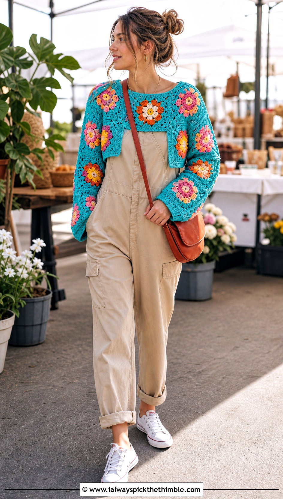Cropped Floral Granny Square Sweater With Utility Jumpsuit - 20 easy granny square sweater outfit ideas