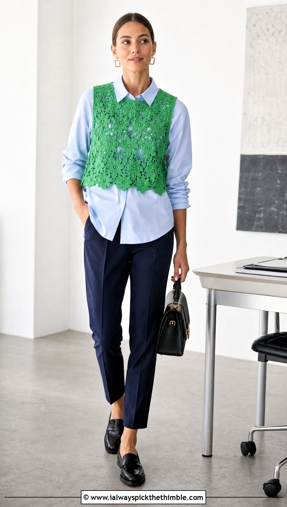 Cropped Floral Lace Vest With Poplin Shirt - 20 crochet floral lace top outfit ideas