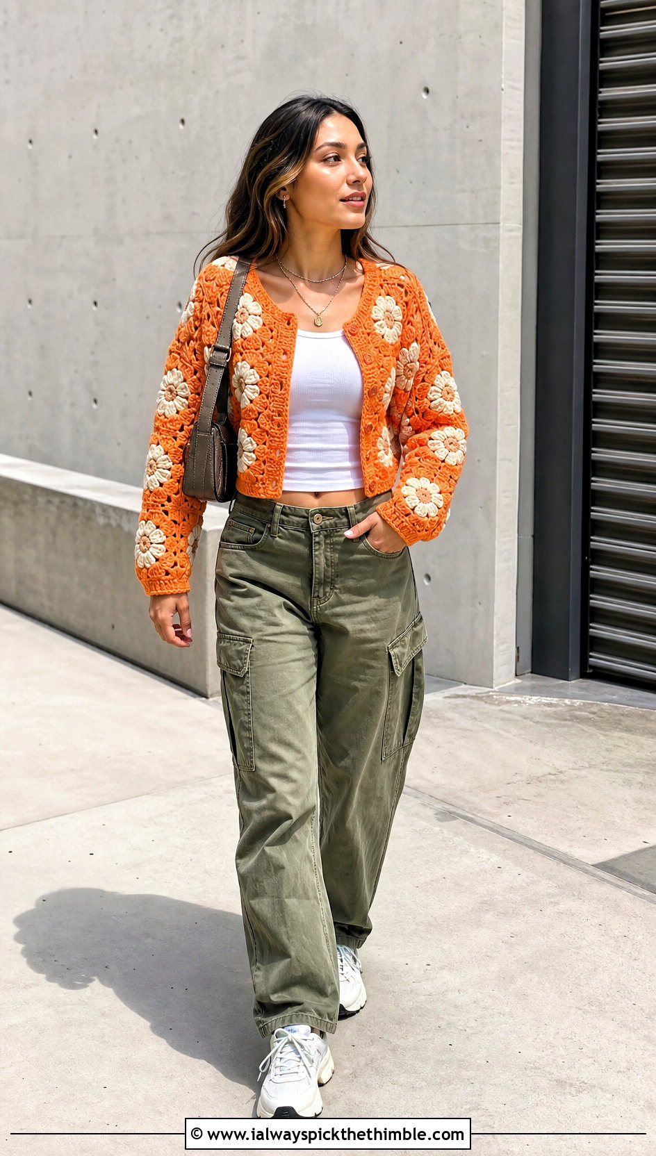 Cropped Flower Crochet Cardigan With Cargo Pants - 20 Flower Crochet Cardigan outfit ideas