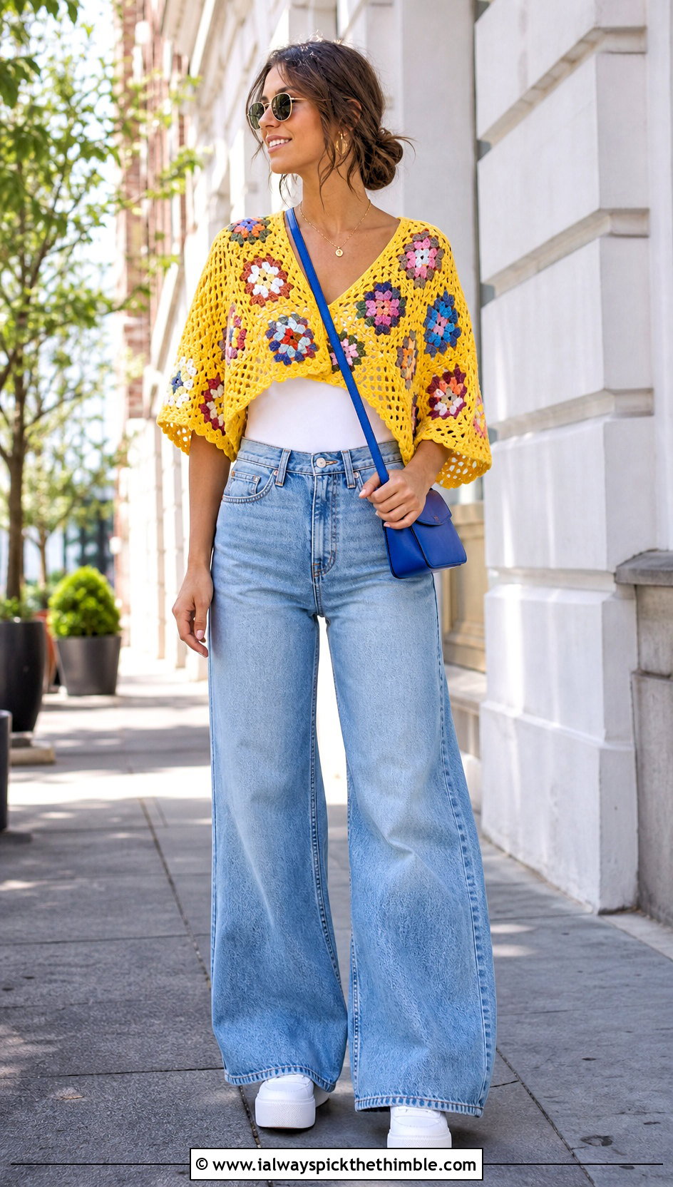 Cropped Flower Granny Square Poncho With Wide Leg Jeans - 20 Crochet Flower Poncho outfit ideas