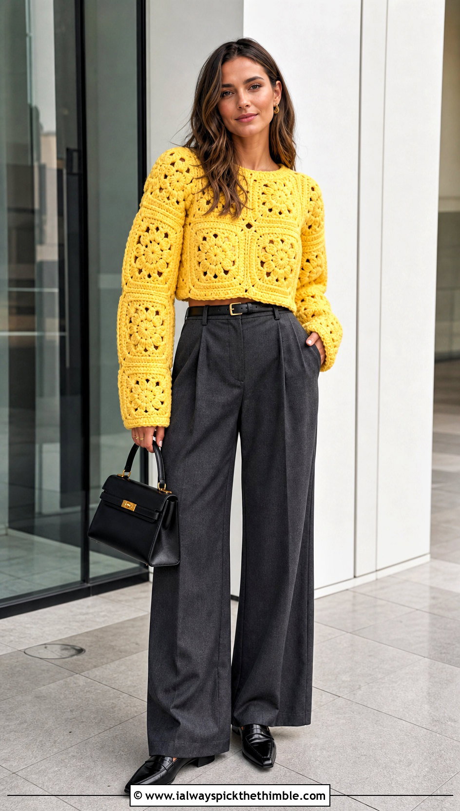 Cropped Giant Granny Square Sweater With Wide Leg Trousers - 20 giant granny square sweater outfit ideas