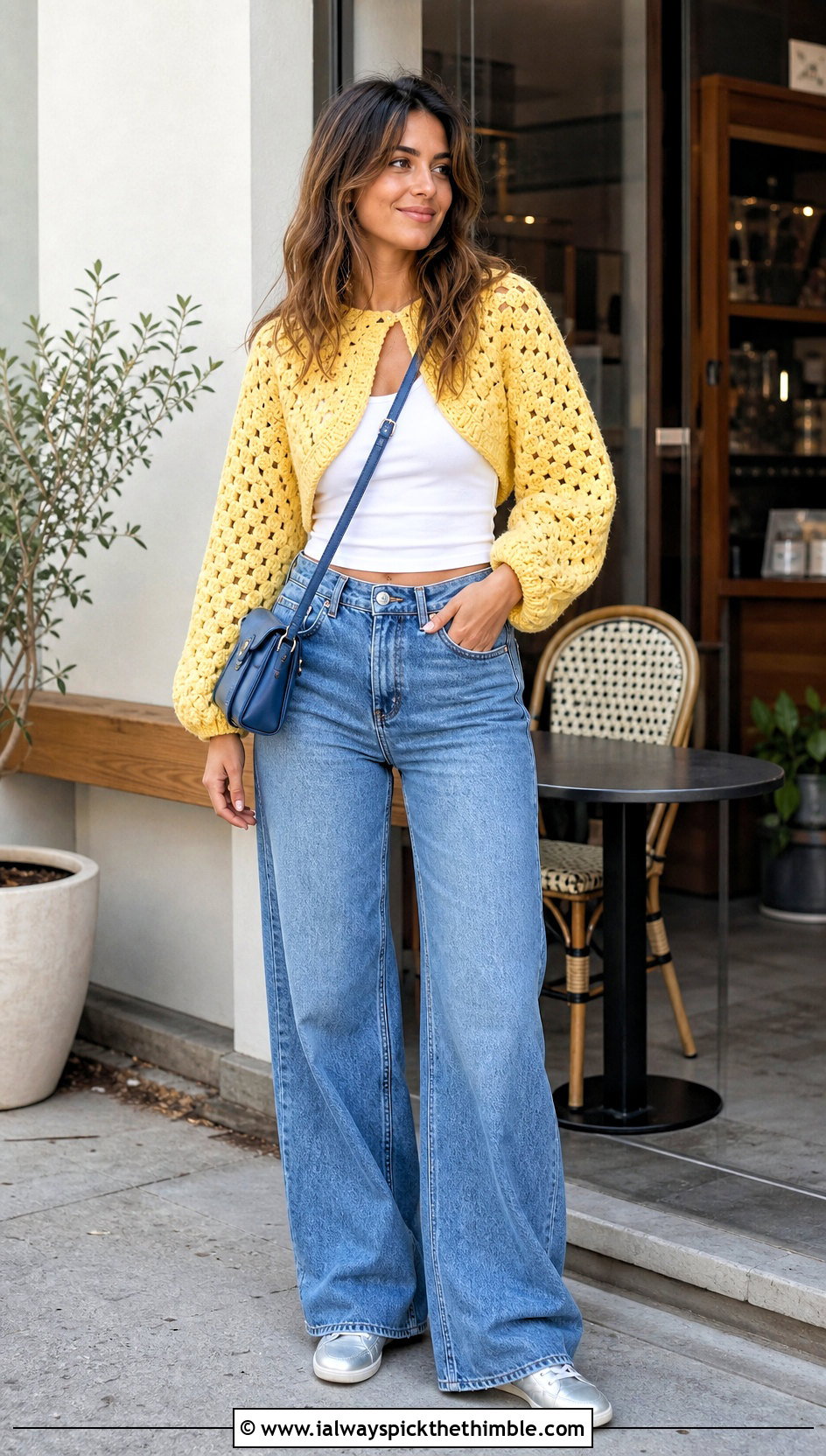 Cropped Granny Raglan Sweater With Wide Leg Jeans - 20 Crochet Granny Raglan Sweater outfit ideas