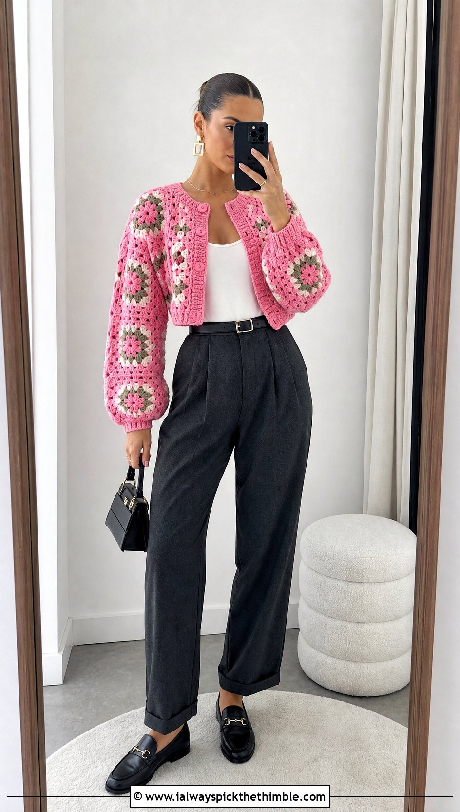 Cropped Granny Square Afghan Cardigan With Pleated Pants - 15 crochet granny square afghan style coat cardigan outfit ideas