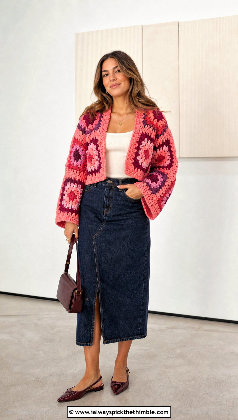 Cropped Granny Square Bulky Crochet Cardigan With Midi Skirt - 20 Bulky Crochet Cardigan outfit ideas