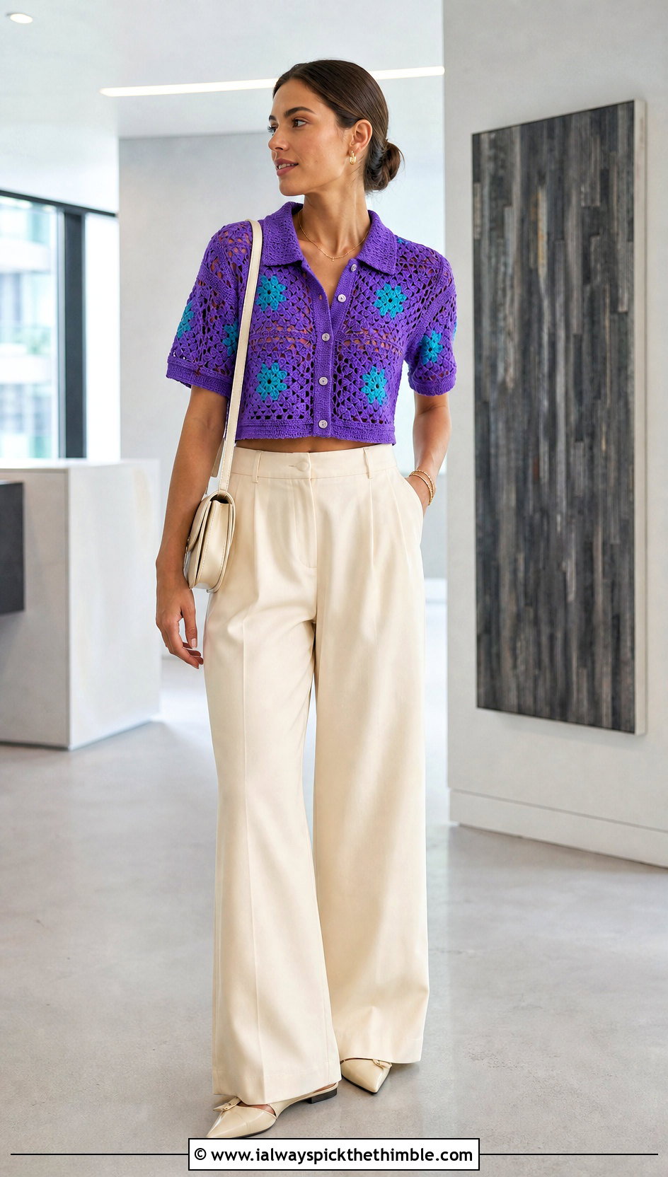 Cropped Granny Square Button Up Shirt With Wide Leg Trousers - 20 Granny Square Button Up Shirt outfit ideas