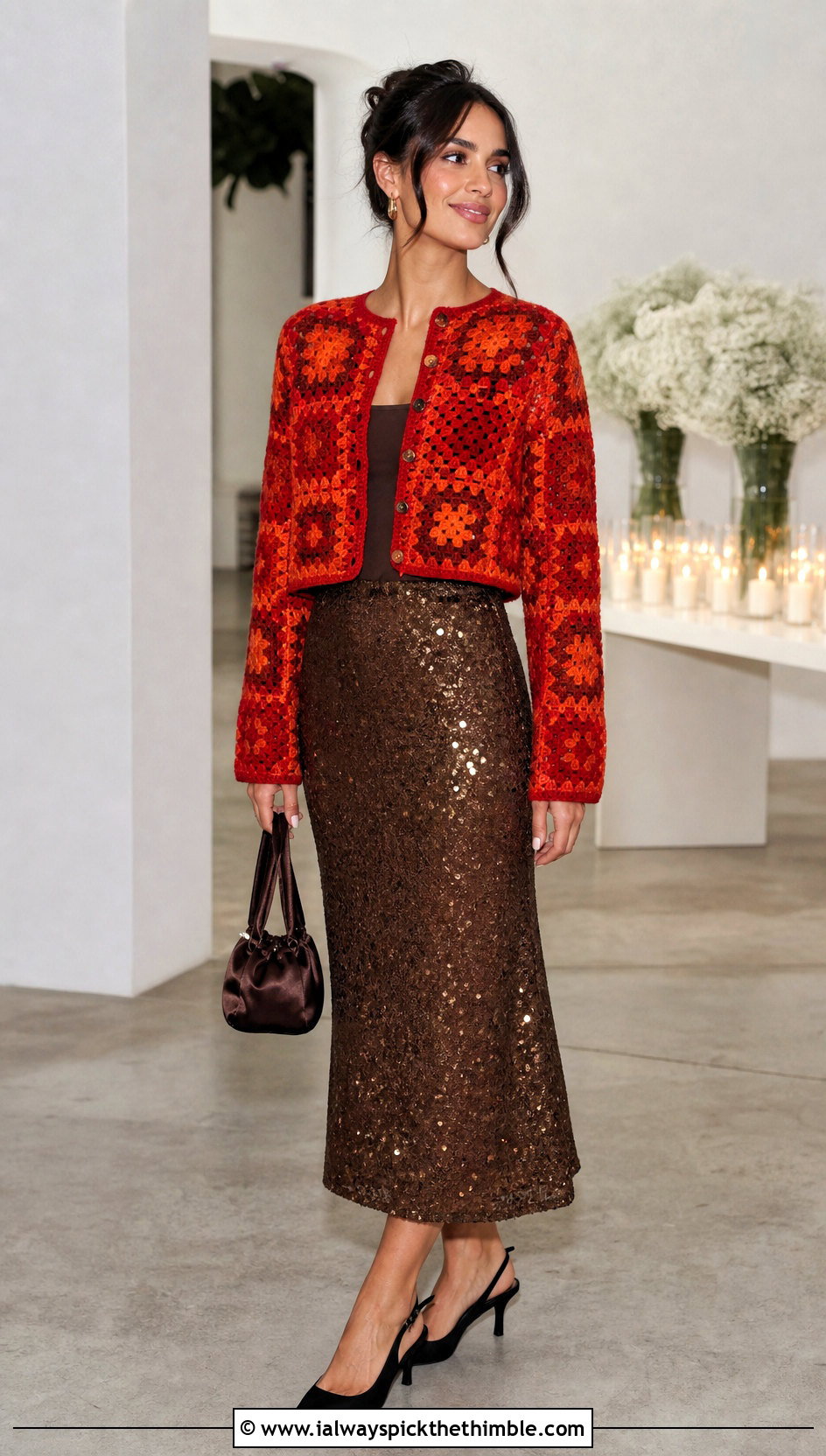 Cropped Granny Square Cardigan With Sequin Skirt - 20 crochet sweater with granny squares outfit ideas