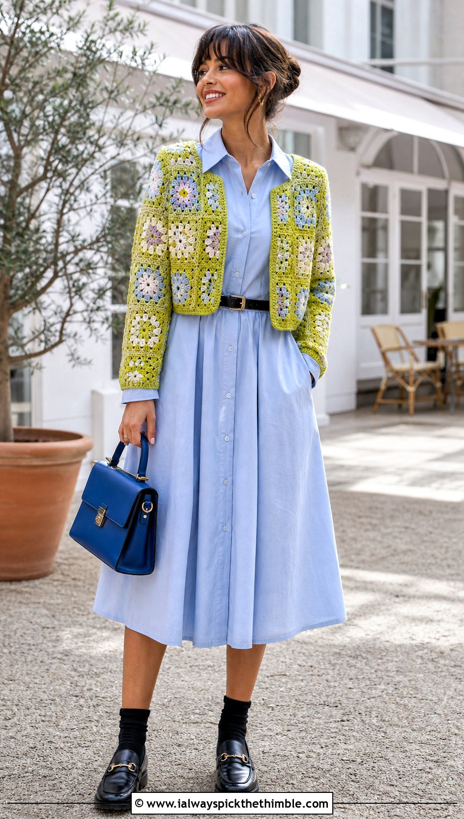Cropped Granny Square Cardigan With Shirt Dress - 20 Fall Granny Square Sweater outfit ideas