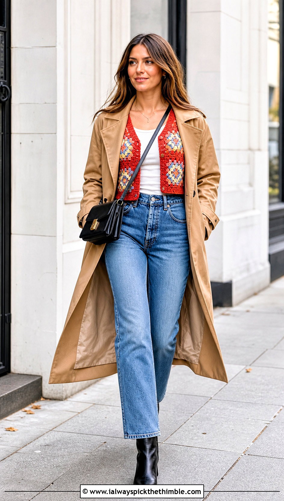 Cropped Granny Square Cardigan With Trench Coat And Jeans - 25 granny square crochet sweater outfit ideas