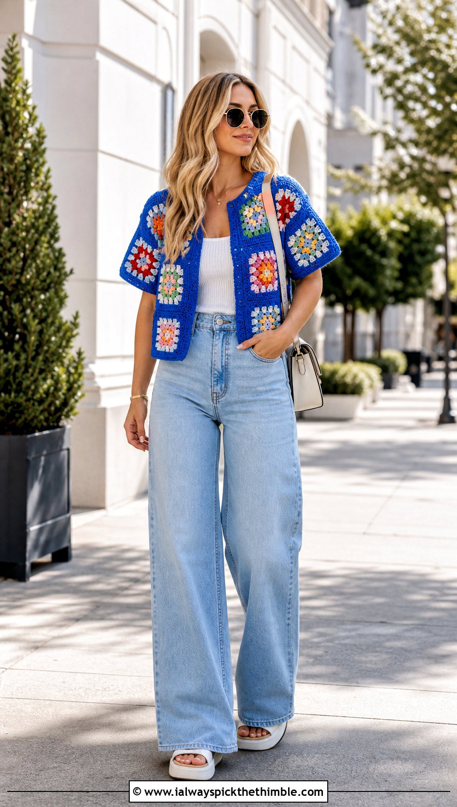 Cropped Granny Square Cardigan With Wide Leg Jeans - 20 short sleeve summer crochet cardigan outfit ideas