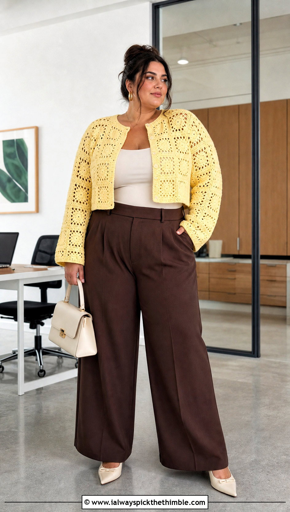 Cropped Granny Square Cardigan With Wide Leg Trousers - 20 plus size crochet granny square cardigan outfit ideas