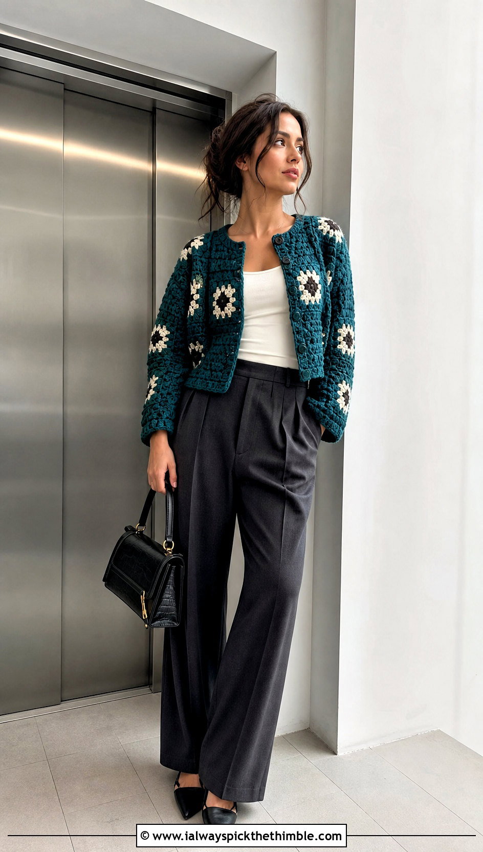 Cropped Granny Square Cardigan With Wide Leg Trousers - 20 Crochet Cardigan From Square outfit ideas