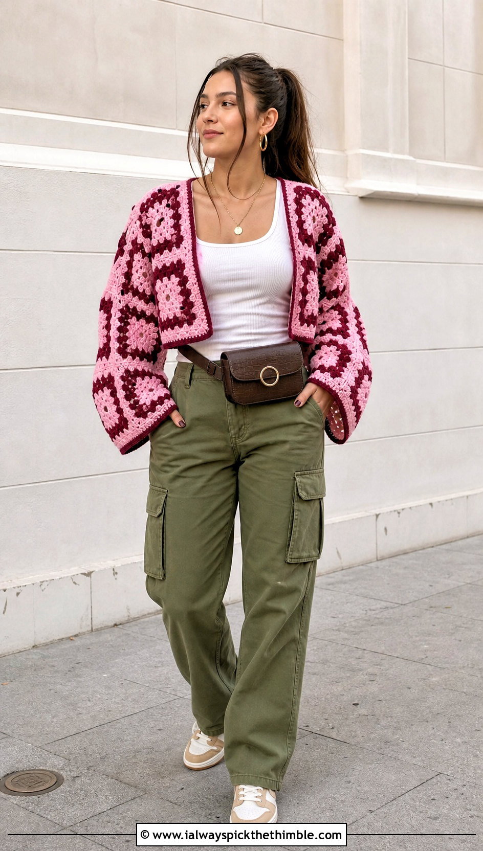 Cropped Granny Square Coat With Cargo Pants - 20 granny square coat outfit ideas
