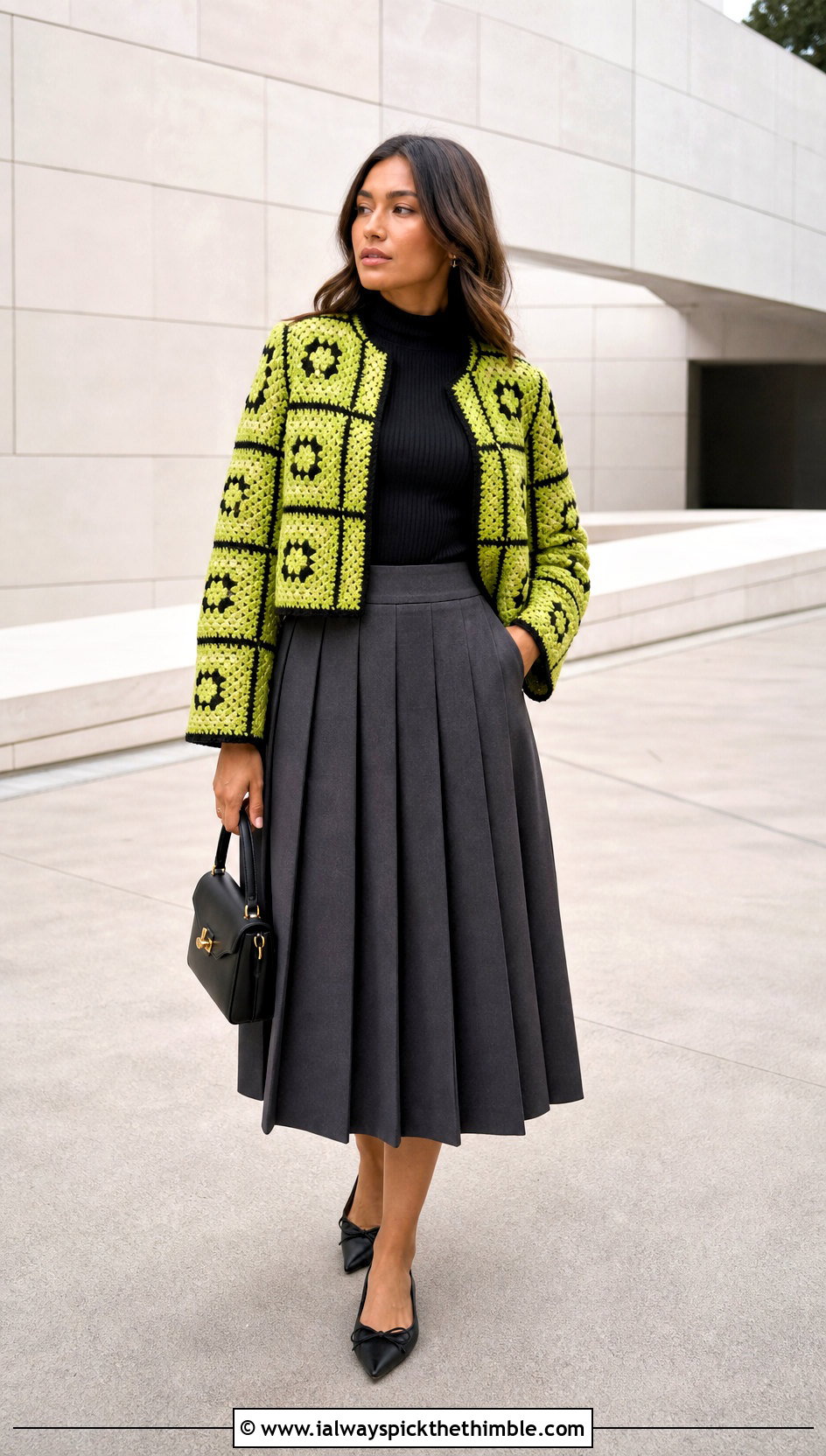 Cropped Granny Square Coat With Pleated Midi Skirt - 20 crochet granny square coat outfit ideas